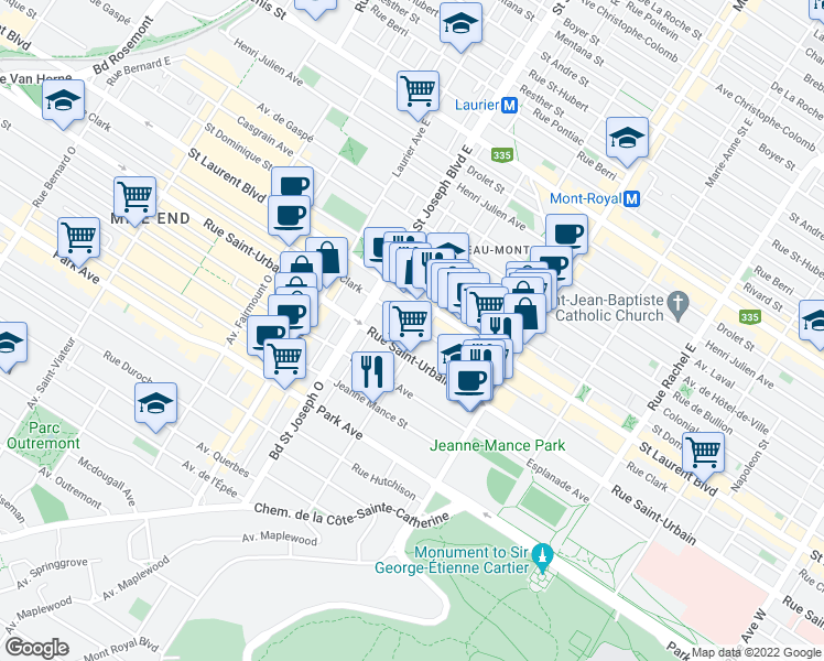 map of restaurants, bars, coffee shops, grocery stores, and more near 4818 Rue Clark in Montréal