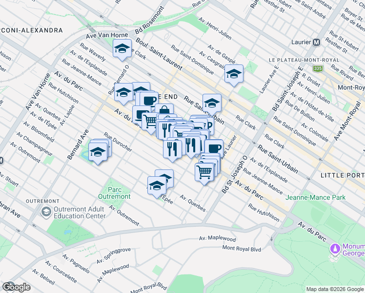 map of restaurants, bars, coffee shops, grocery stores, and more near 5253 Avenue du Parc in Montrã©Al