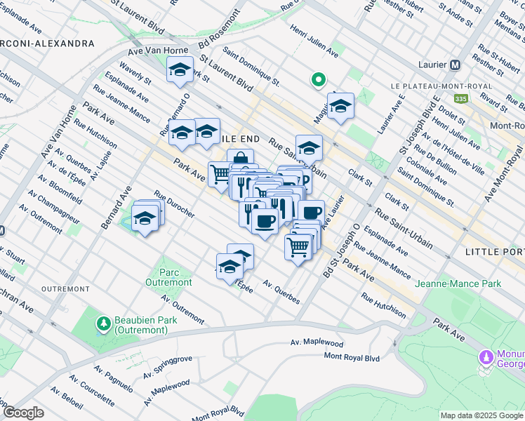 map of restaurants, bars, coffee shops, grocery stores, and more near 5255 Avenue du Parc in Montréal