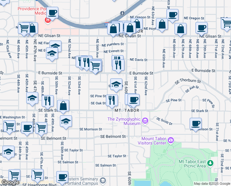 map of restaurants, bars, coffee shops, grocery stores, and more near 5800 Southeast Ash Street in Portland
