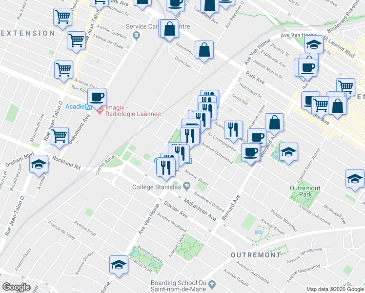 map of restaurants, bars, coffee shops, grocery stores, and more near 42 Avenue Saint Cyril in Montréal