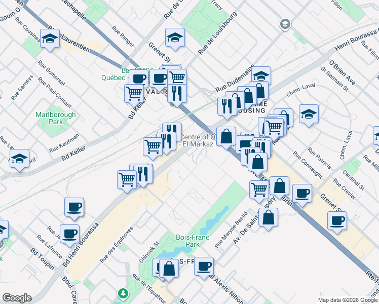 map of restaurants, bars, coffee shops, grocery stores, and more near 5250 Boulevard Henri Bourassa Ouest in Montréal