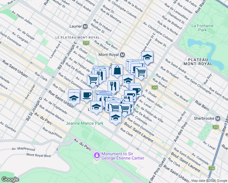map of restaurants, bars, coffee shops, grocery stores, and more near in Montreal