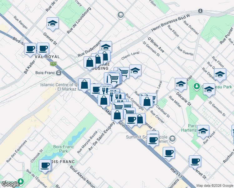 map of restaurants, bars, coffee shops, grocery stores, and more near 2105 Rue Grenet in Montréal