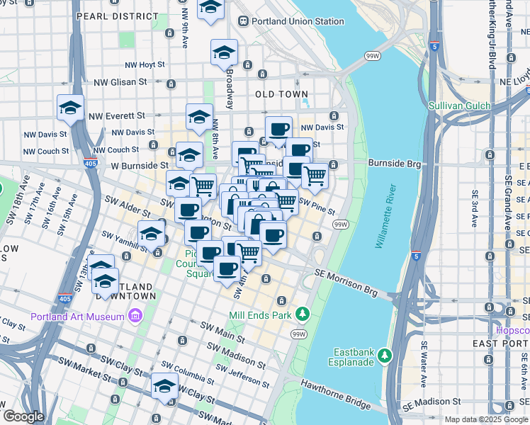 map of restaurants, bars, coffee shops, grocery stores, and more near 309 Southwest 4th Avenue in Portland