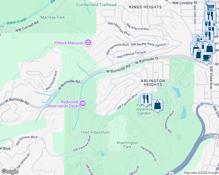 map of restaurants, bars, coffee shops, grocery stores, and more near 3042 Southwest Hampshire Street in Portland
