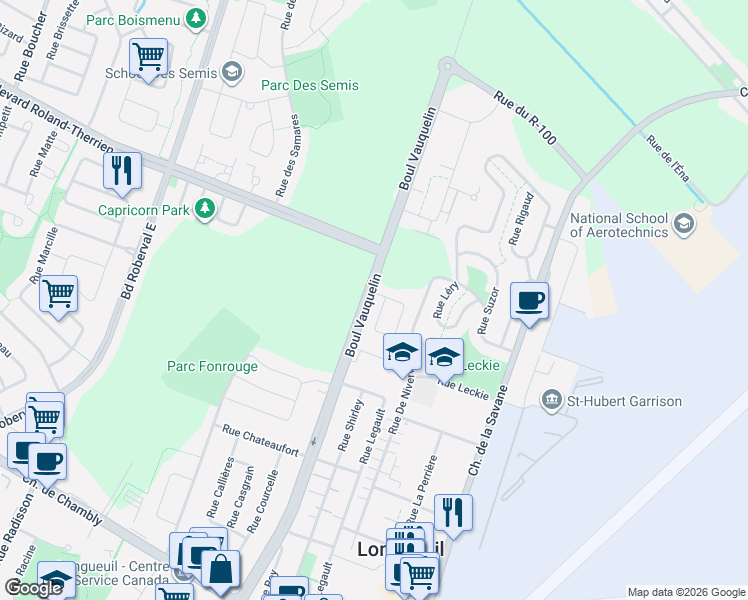 map of restaurants, bars, coffee shops, grocery stores, and more near 564 Boulevard Vauquelin in Longueuil