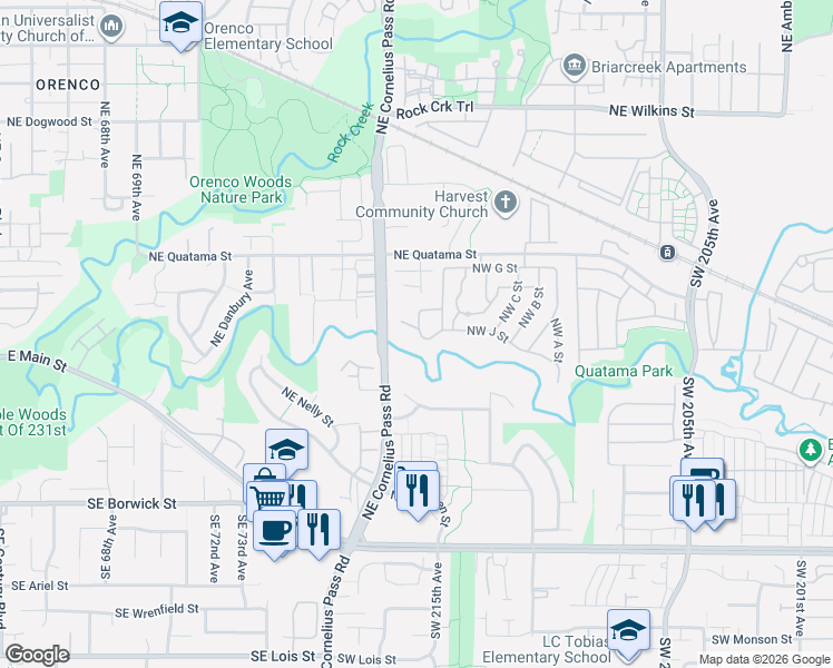 map of restaurants, bars, coffee shops, grocery stores, and more near 8300 Northeast Quatama Street in Beaverton