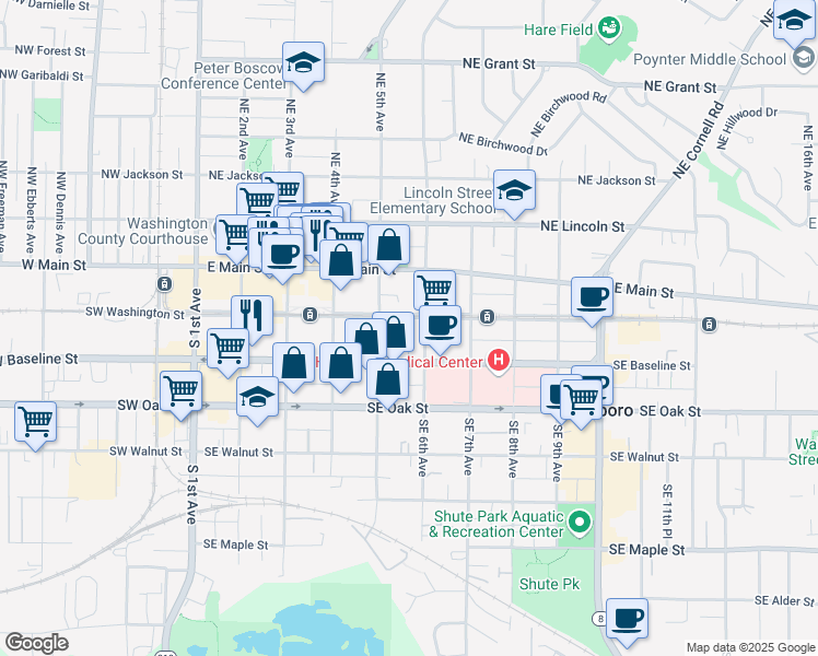 map of restaurants, bars, coffee shops, grocery stores, and more near 215 Southeast 6th Avenue in Hillsboro