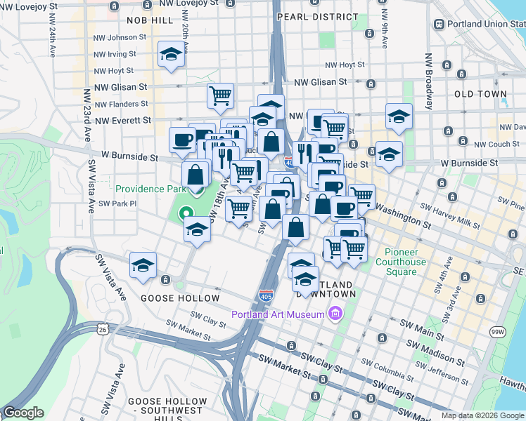 map of restaurants, bars, coffee shops, grocery stores, and more near 729 Southwest 15th Avenue in Portland
