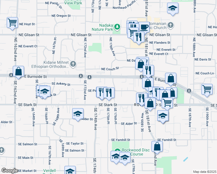 map of restaurants, bars, coffee shops, grocery stores, and more near 17550 Southeast Pine Street in Portland