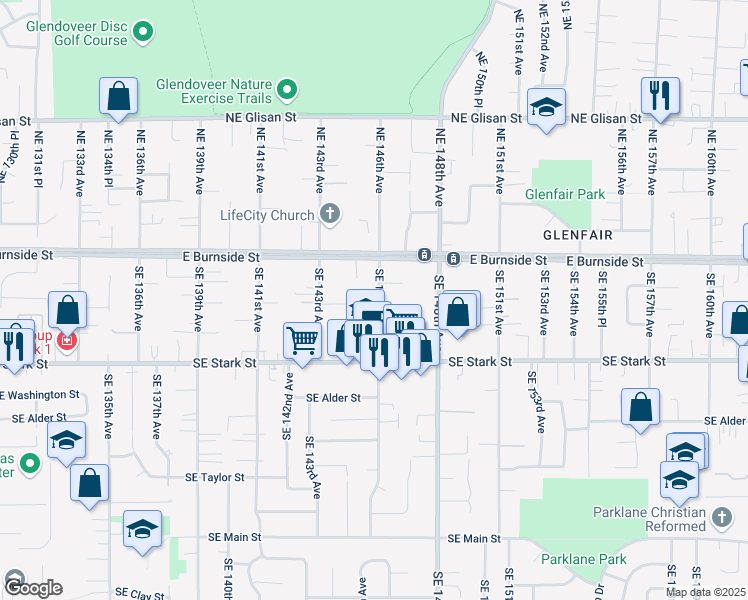 map of restaurants, bars, coffee shops, grocery stores, and more near 347 Southeast 146th Avenue in Portland