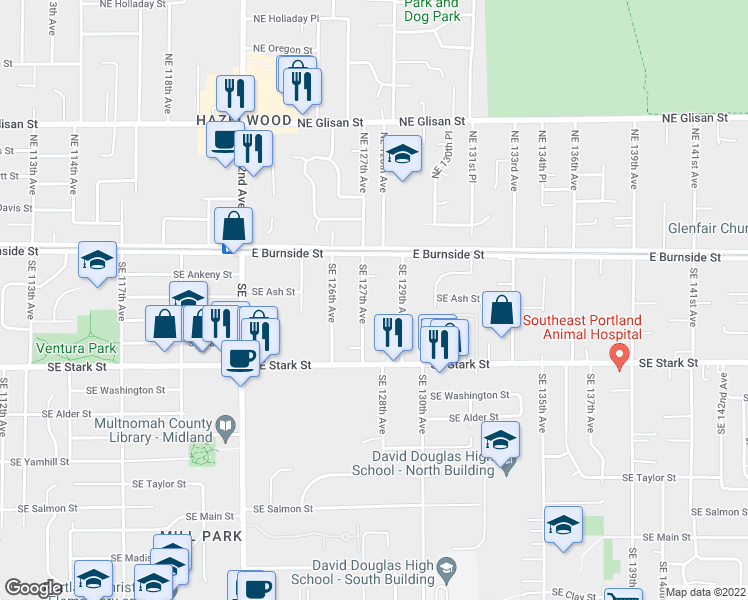 map of restaurants, bars, coffee shops, grocery stores, and more near 218 Southeast 127th Avenue in Portland