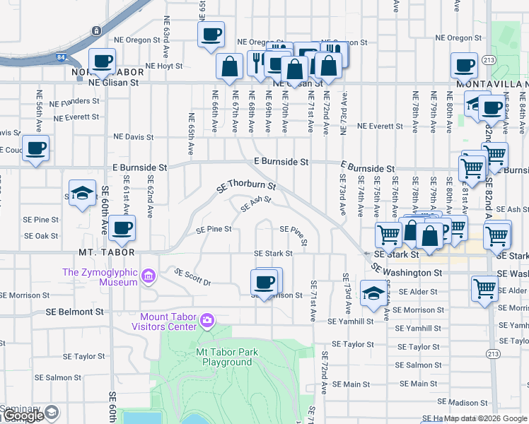 map of restaurants, bars, coffee shops, grocery stores, and more near 6875 Southeast Pine Court in Portland