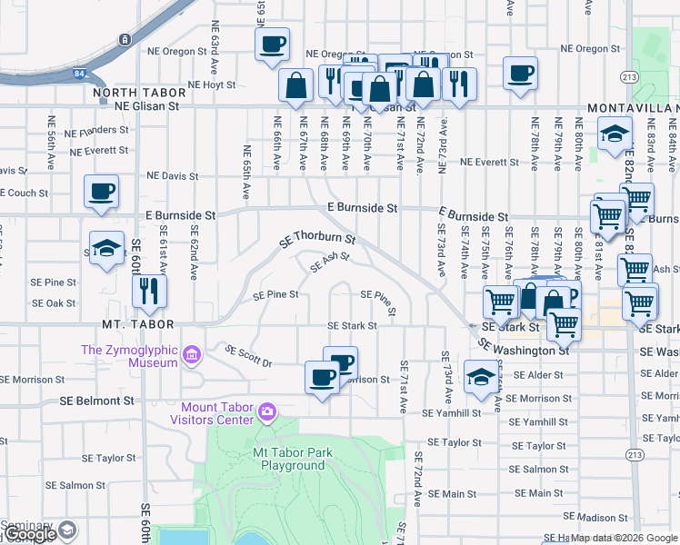 map of restaurants, bars, coffee shops, grocery stores, and more near 6875 Southeast Pine Court in Portland