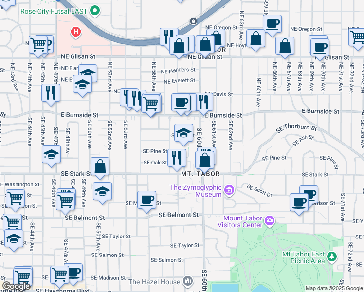 map of restaurants, bars, coffee shops, grocery stores, and more near 5800 Southeast Ash Street in Portland