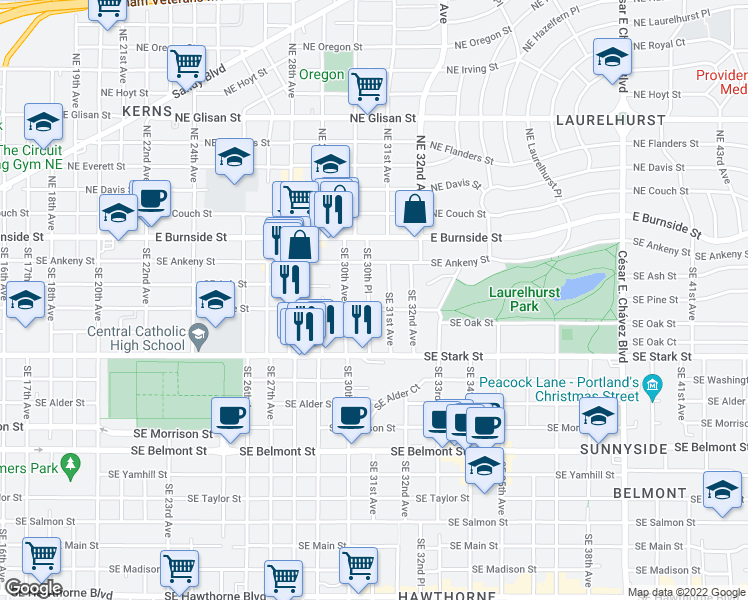 map of restaurants, bars, coffee shops, grocery stores, and more near 20 Southeast Pine Street in Portland