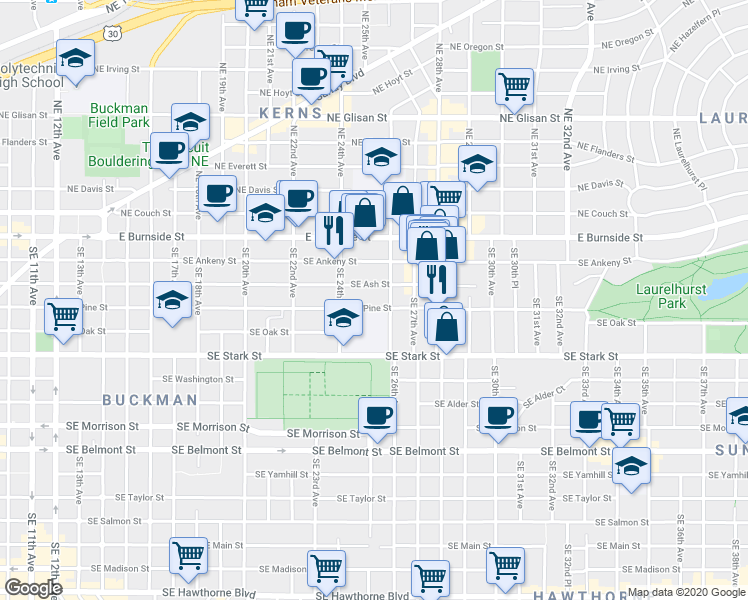 map of restaurants, bars, coffee shops, grocery stores, and more near 2527 Southeast Pine Street in Portland