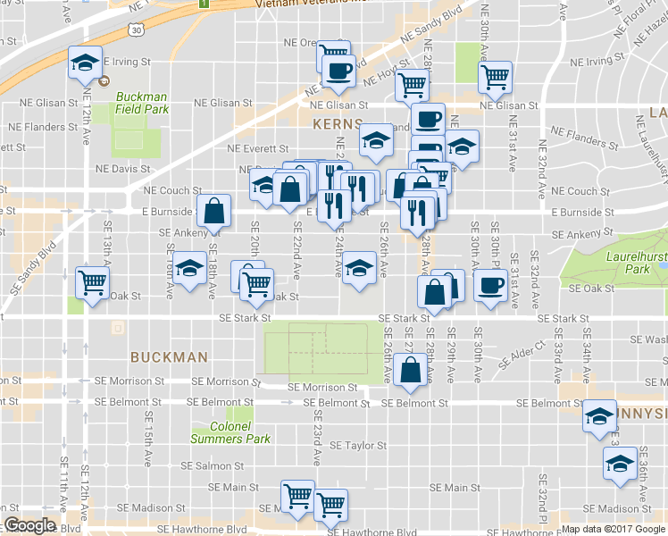 map of restaurants, bars, coffee shops, grocery stores, and more near 2348 Southeast Pine Street in Portland
