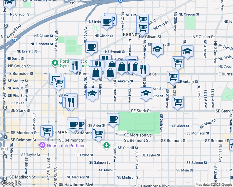 map of restaurants, bars, coffee shops, grocery stores, and more near 1912 Southeast Pine Street in Portland