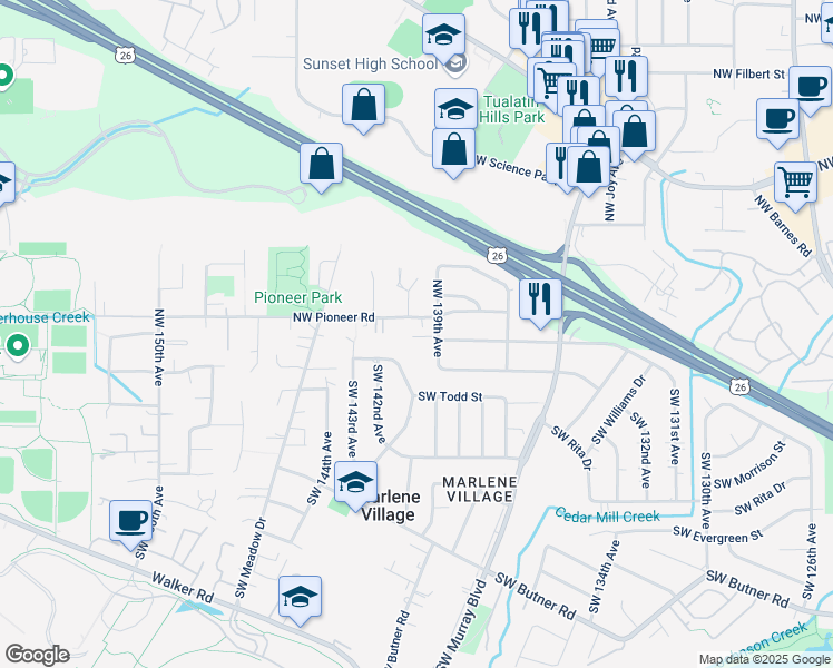 map of restaurants, bars, coffee shops, grocery stores, and more near 14139 Southwest Todd Street in Beaverton