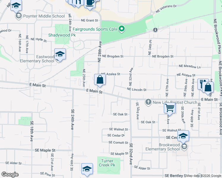 map of restaurants, bars, coffee shops, grocery stores, and more near 3035 East Main Street in Hillsboro