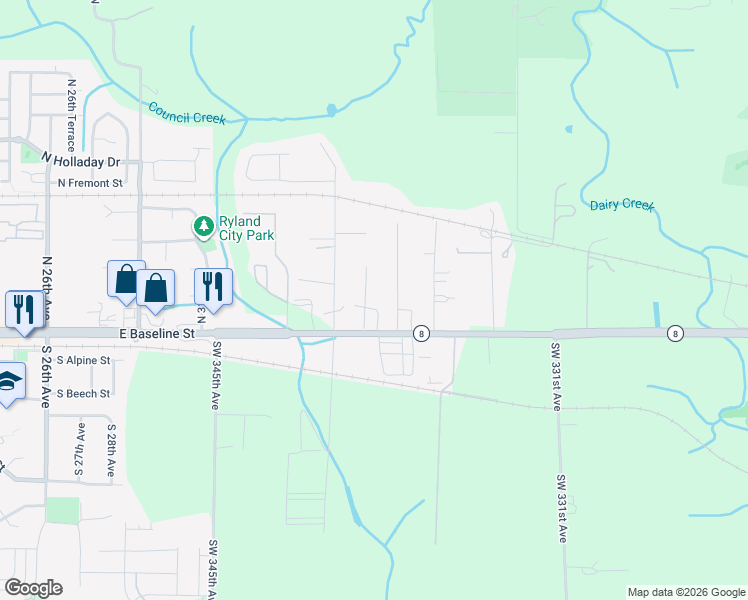 map of restaurants, bars, coffee shops, grocery stores, and more near 33845 Southwest Baseline Street in Hillsboro