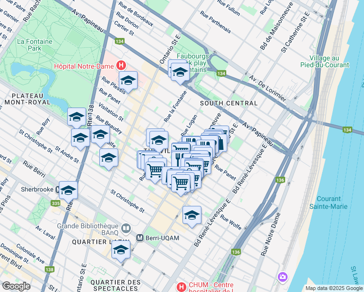 map of restaurants, bars, coffee shops, grocery stores, and more near 1626 Rue Panet in Montréal