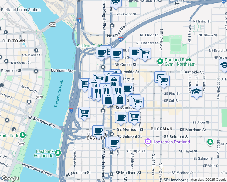 map of restaurants, bars, coffee shops, grocery stores, and more near 317 Southeast Grand Avenue in Portland