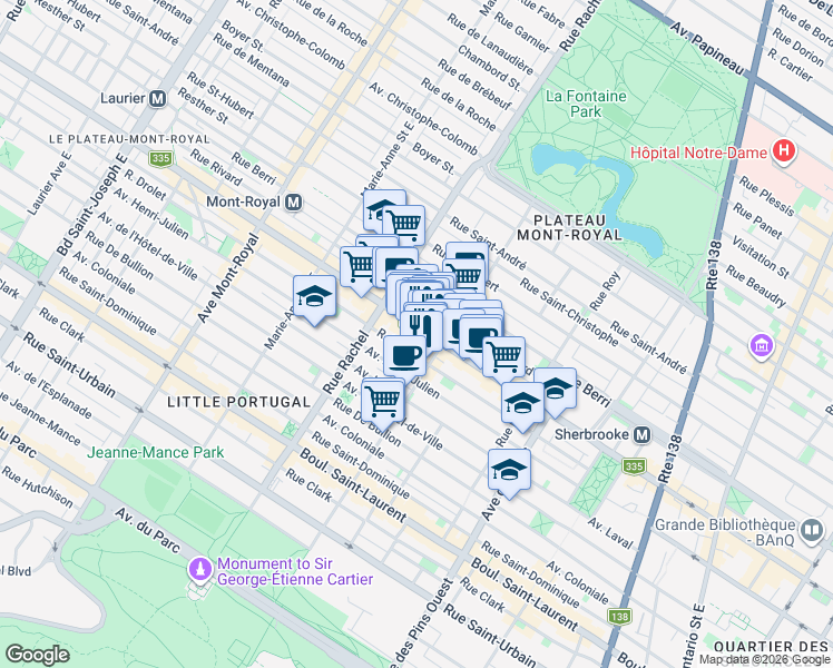 map of restaurants, bars, coffee shops, grocery stores, and more near 4104 Rue Saint-Denis in Montréal