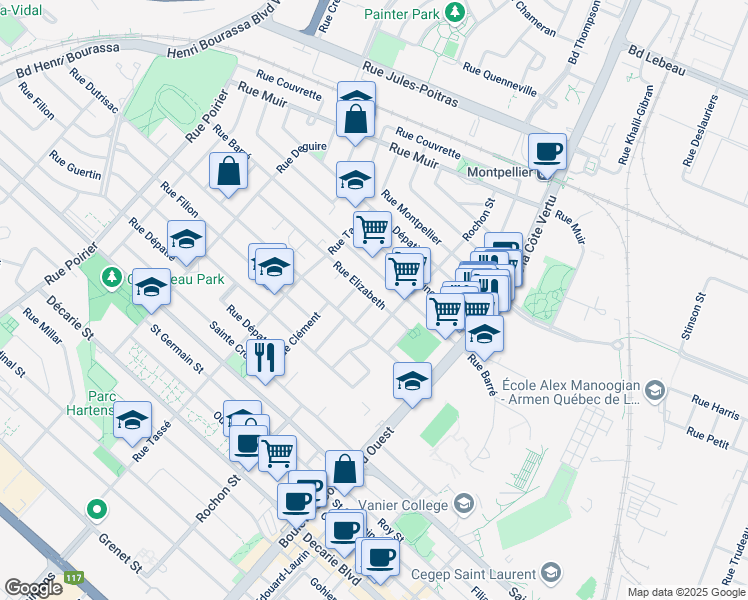 map of restaurants, bars, coffee shops, grocery stores, and more near 955 Rue Vanier in Montréal