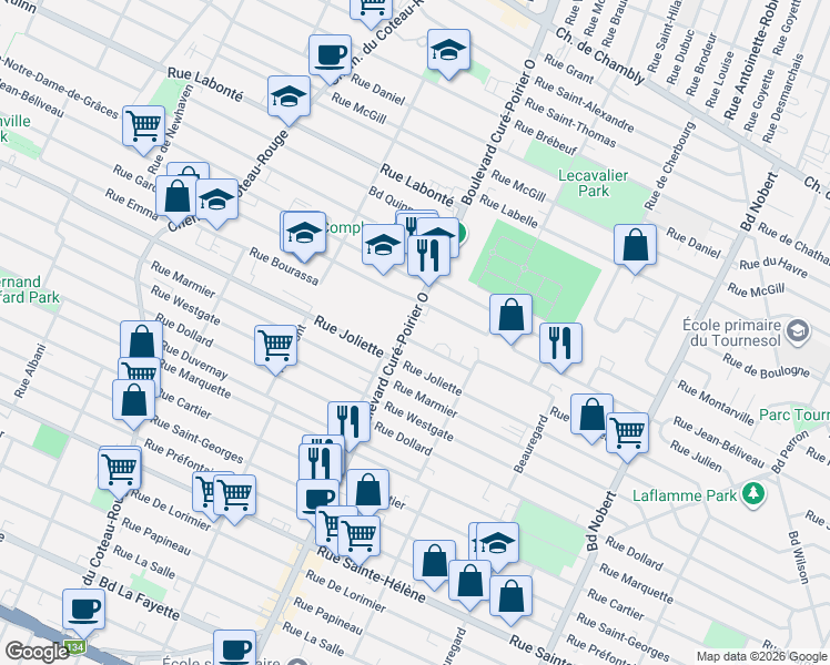 map of restaurants, bars, coffee shops, grocery stores, and more near 670 Boulevard Curé-Poirier Ouest in Longueuil