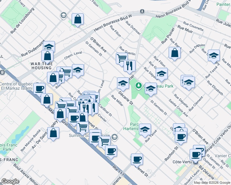 map of restaurants, bars, coffee shops, grocery stores, and more near 1500 Rue Poirier in Montréal