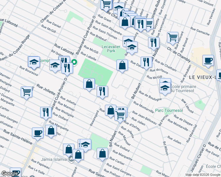 map of restaurants, bars, coffee shops, grocery stores, and more near 493 Rue de Cherbourg in Longueuil