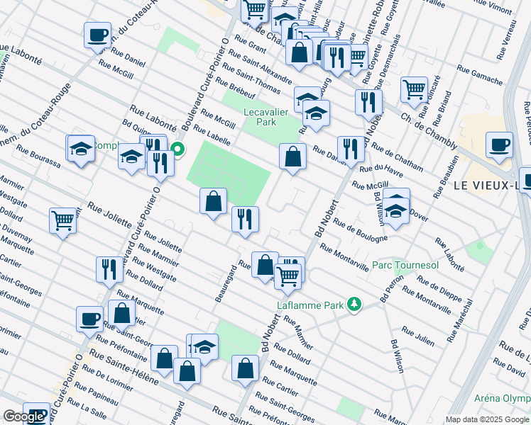 map of restaurants, bars, coffee shops, grocery stores, and more near 493 Rue de Cherbourg in Longueuil