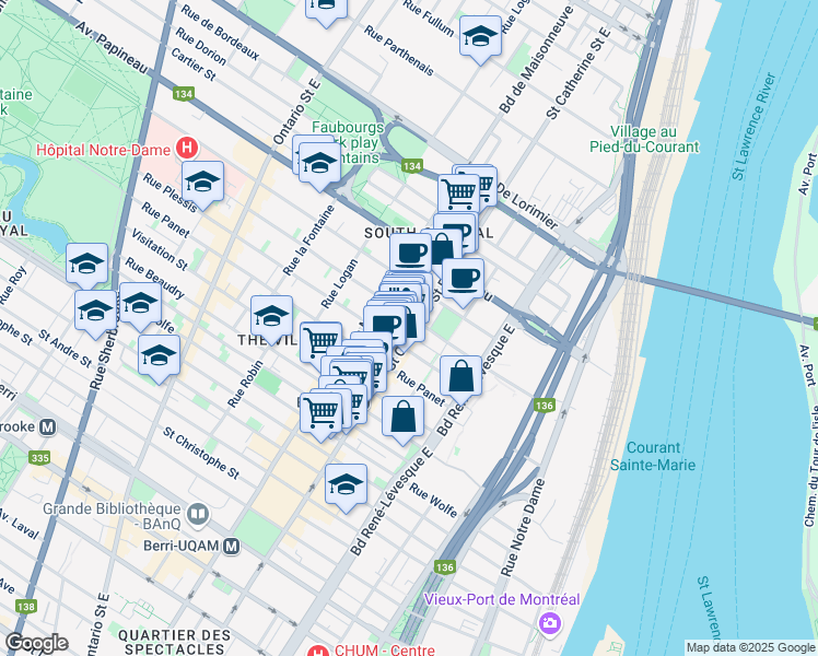 map of restaurants, bars, coffee shops, grocery stores, and more near 1485 Rue Sainte-Catherine Est in Montréal