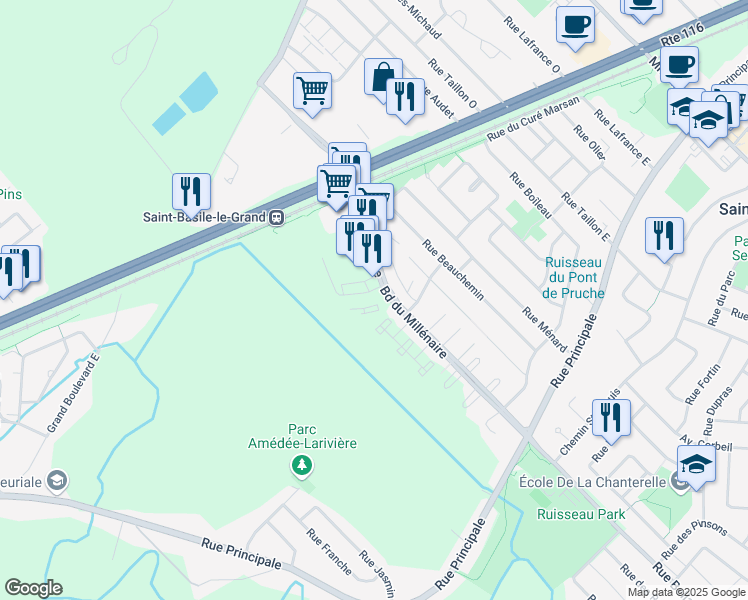 map of restaurants, bars, coffee shops, grocery stores, and more near 28 Rue de la Gare in Saint-Basile-le-Grand
