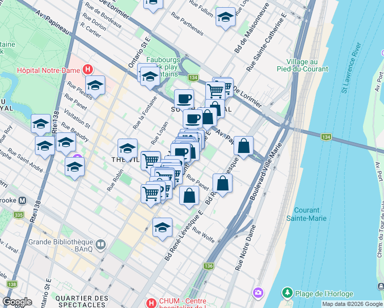 map of restaurants, bars, coffee shops, grocery stores, and more near 1483 Rue Sainte-Catherine Est in Montréal