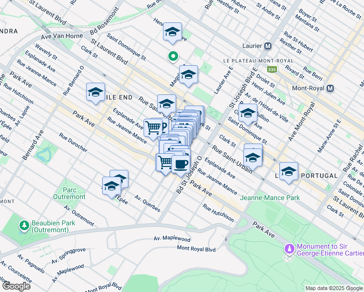 map of restaurants, bars, coffee shops, grocery stores, and more near Avenue de l'Esplanade in Montréal