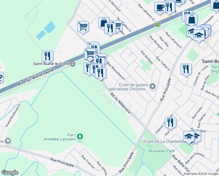 map of restaurants, bars, coffee shops, grocery stores, and more near 1915 Boulevard du Millénaire in Saint-Basile-le-Grand