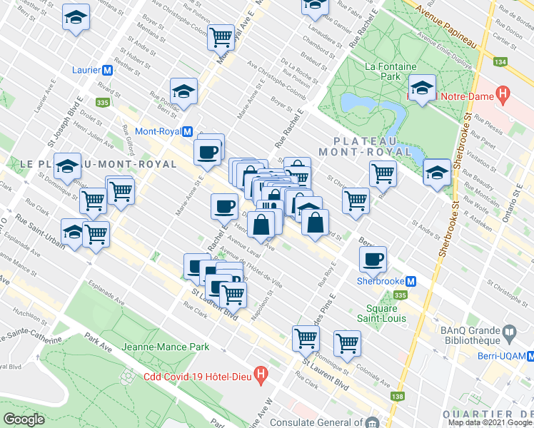 map of restaurants, bars, coffee shops, grocery stores, and more near 4110 Rue Saint-Denis in Montréal