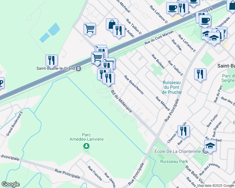 map of restaurants, bars, coffee shops, grocery stores, and more near 1915 Boulevard du Millenaire in Saint-Basile-le-Grand