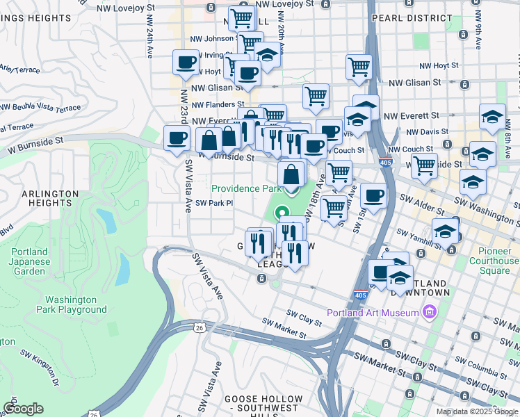 map of restaurants, bars, coffee shops, grocery stores, and more near 950 Southwest 21st Avenue in Portland