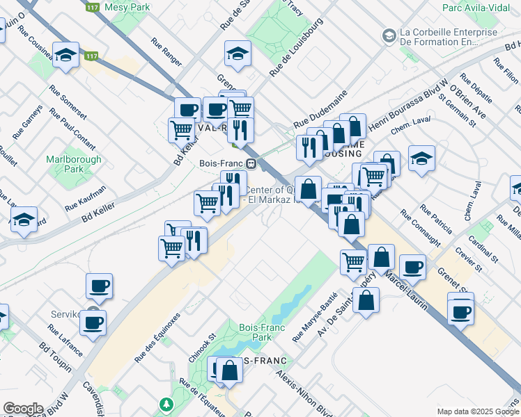 map of restaurants, bars, coffee shops, grocery stores, and more near 5250 Boulevard Henri Bourassa Ouest in Montréal