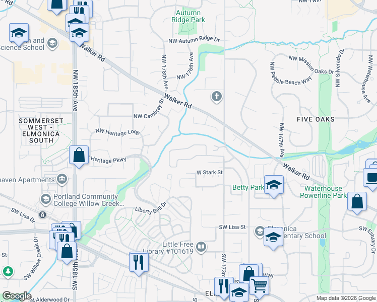 map of restaurants, bars, coffee shops, grocery stores, and more near 17460 Northwest Shady Fir Loop in Beaverton