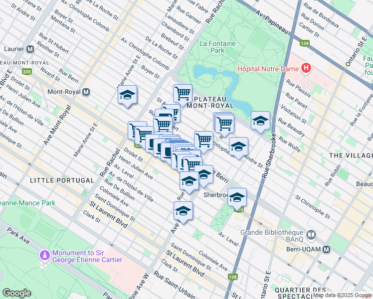 map of restaurants, bars, coffee shops, grocery stores, and more near 3911 Rue Berri in Montréal