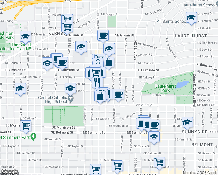 map of restaurants, bars, coffee shops, grocery stores, and more near 212 Southeast 29th Avenue in Portland