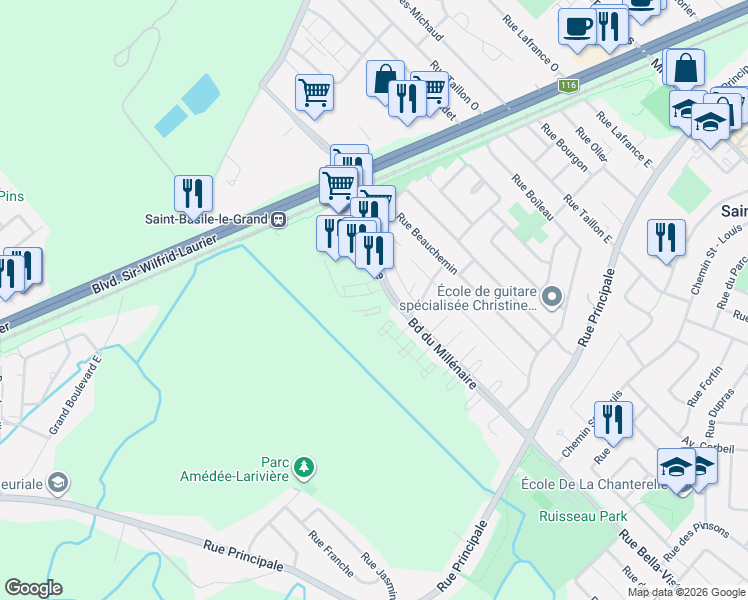 map of restaurants, bars, coffee shops, grocery stores, and more near 28 Rue de la Gare in Saint-Basile-le-Grand
