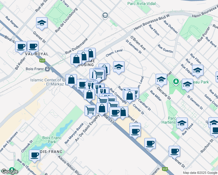 map of restaurants, bars, coffee shops, grocery stores, and more near Rue Connaught in Montréal