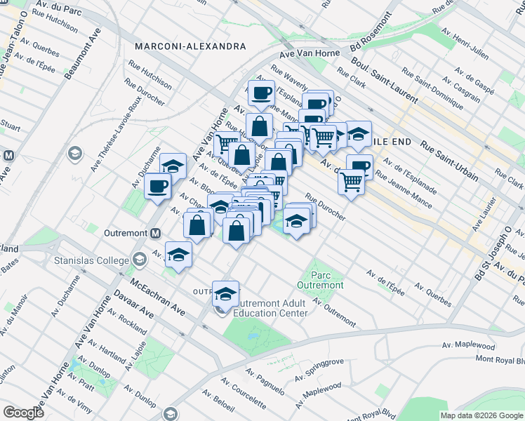map of restaurants, bars, coffee shops, grocery stores, and more near 1175 Bernard Avenue in Montreal